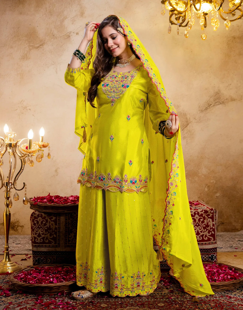 Laser Yellow Round Neck Embroidered Palazzo 3 Piece Kurta Set with Dupatta