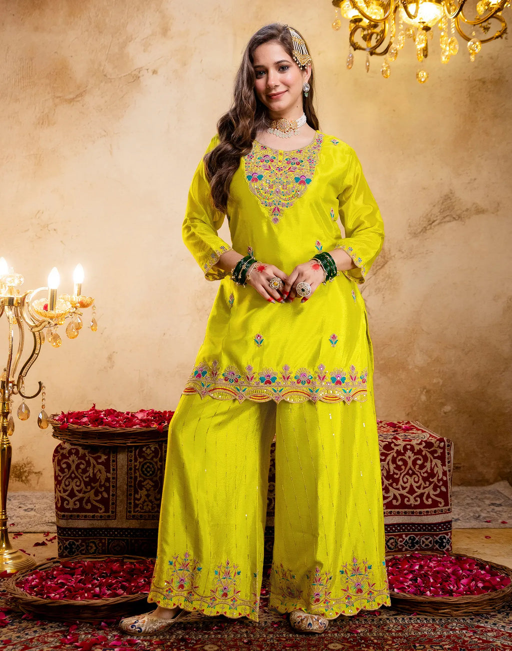 Laser Yellow Round Neck Embroidered Palazzo 3 Piece Kurta Set with Dupatta