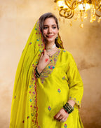 Laser Yellow Round Neck Embroidered Palazzo 3 Piece Kurta Set with Dupatta