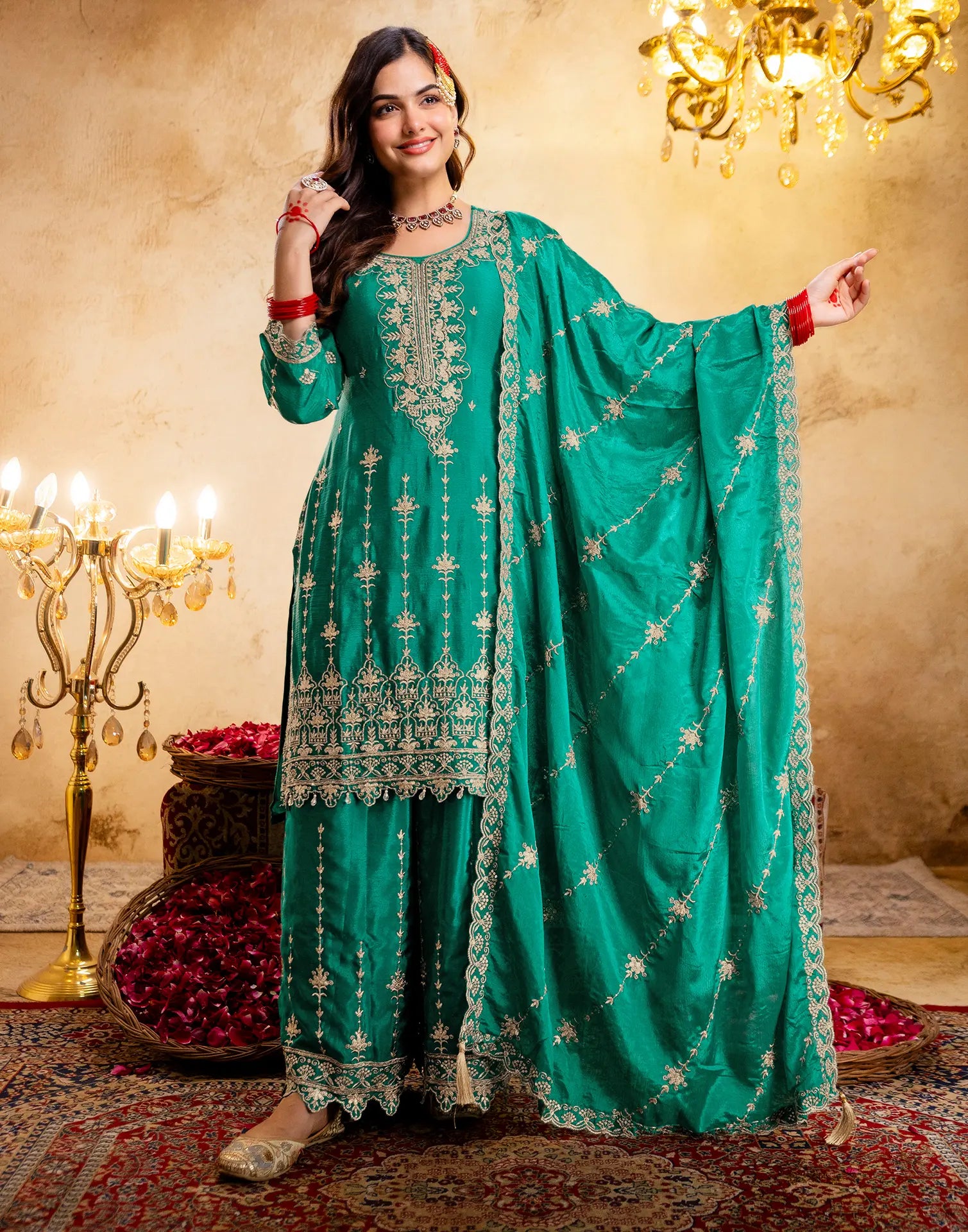 Persian Green Round Neck Embroidered Palazzo 3 Piece Kurta Set with Dupatta