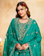 Persian Green Round Neck Embroidered Palazzo 3 Piece Kurta Set with Dupatta