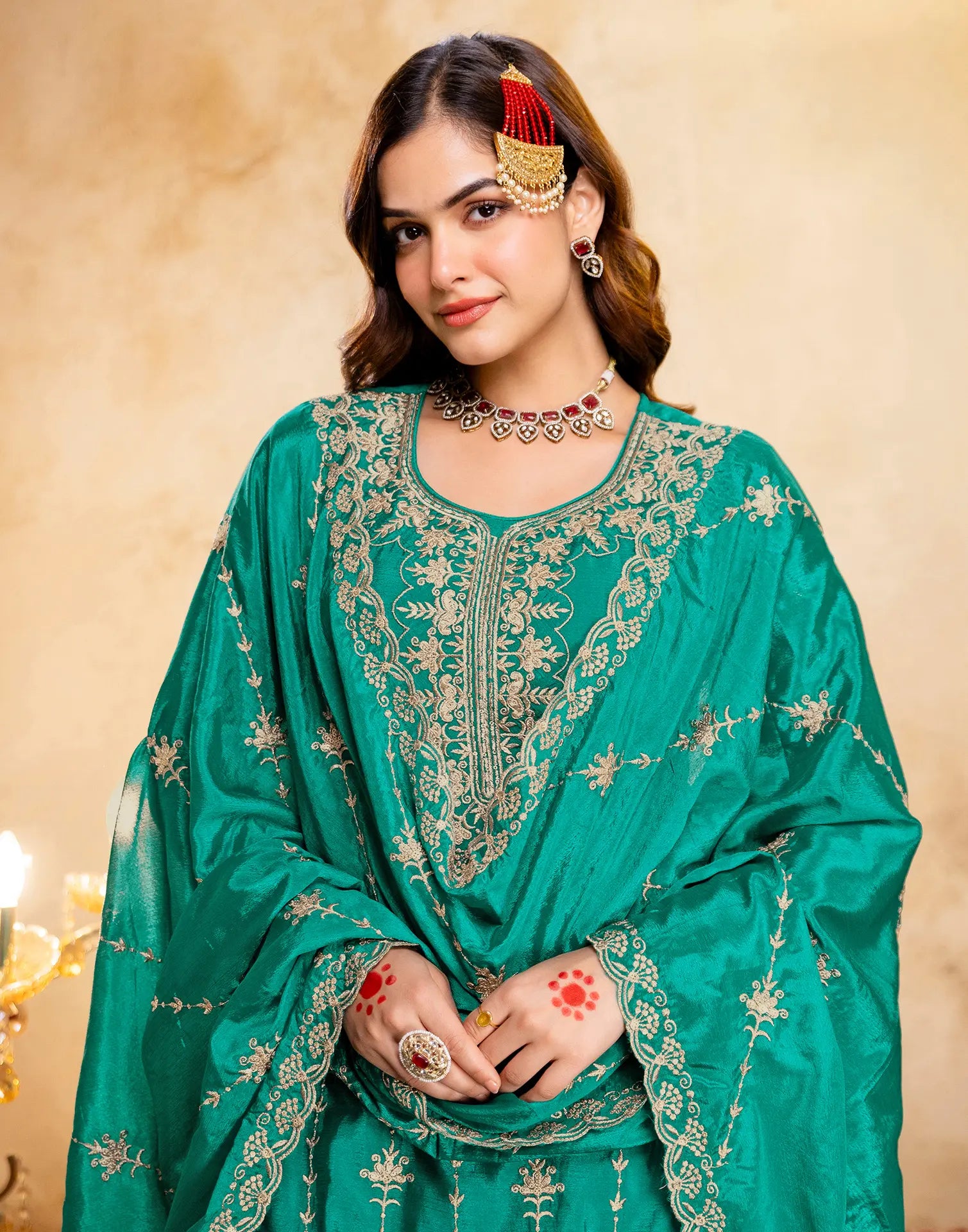 Persian Green Round Neck Embroidered Palazzo 3 Piece Kurta Set with Dupatta