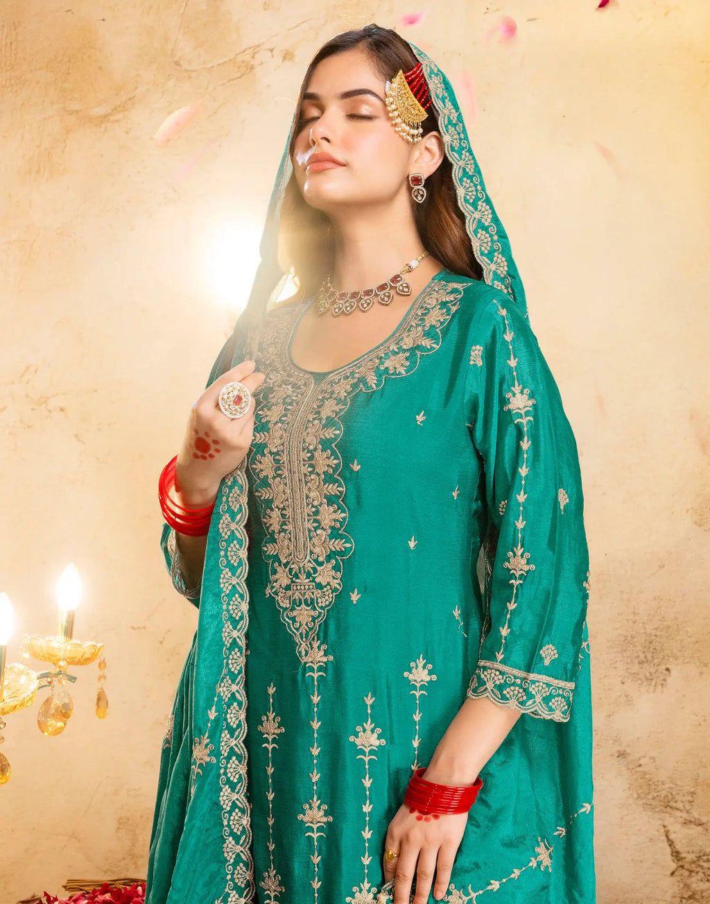 Persian Green Round Neck Embroidered Palazzo 3 Piece Kurta Set with Dupatta