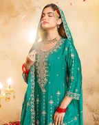 Persian Green Round Neck Embroidered Palazzo 3 Piece Kurta Set with Dupatta