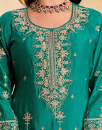 Persian Green Round Neck Embroidered Palazzo 3 Piece Kurta Set with Dupatta