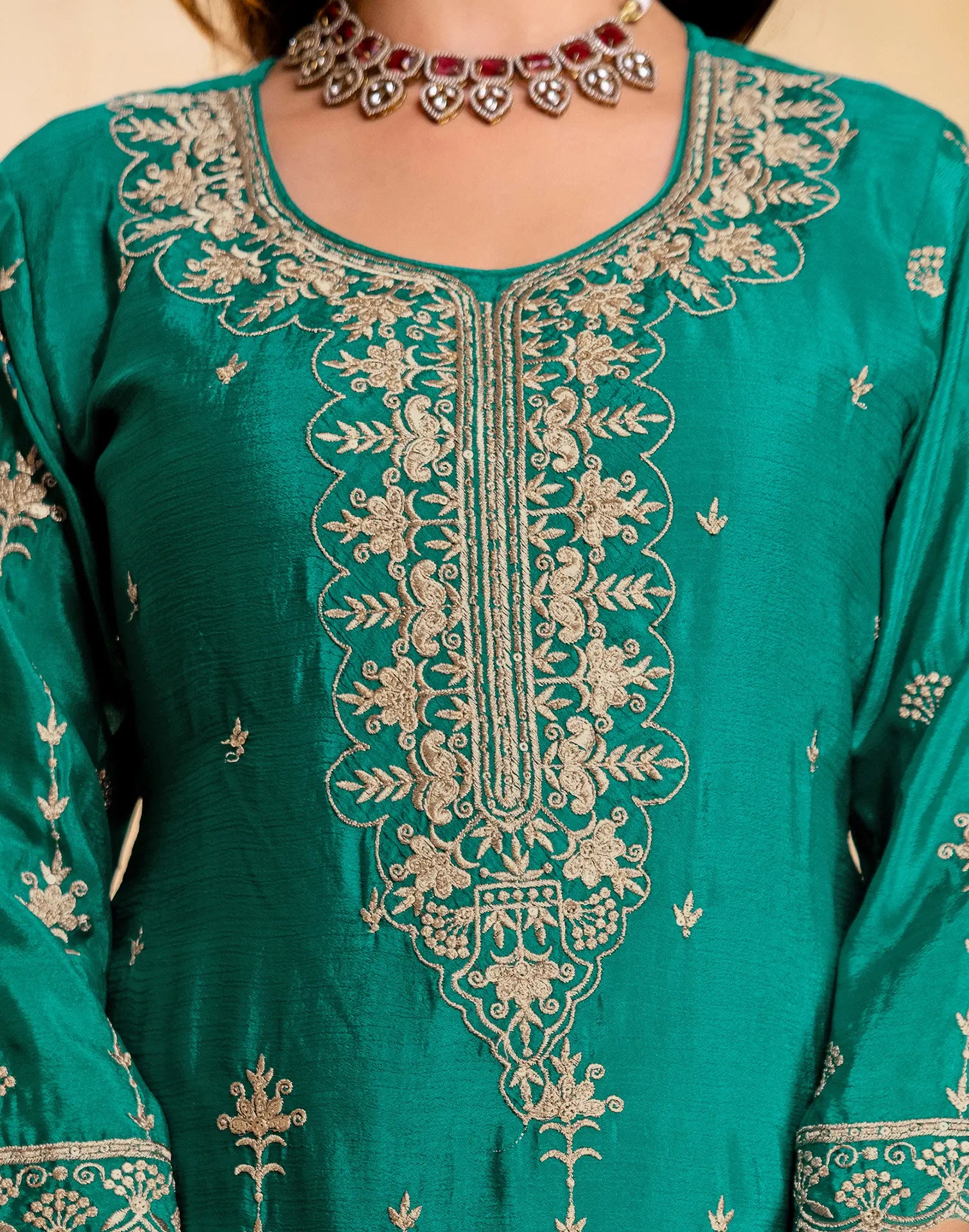Persian Green Round Neck Embroidered Palazzo 3 Piece Kurta Set with Dupatta