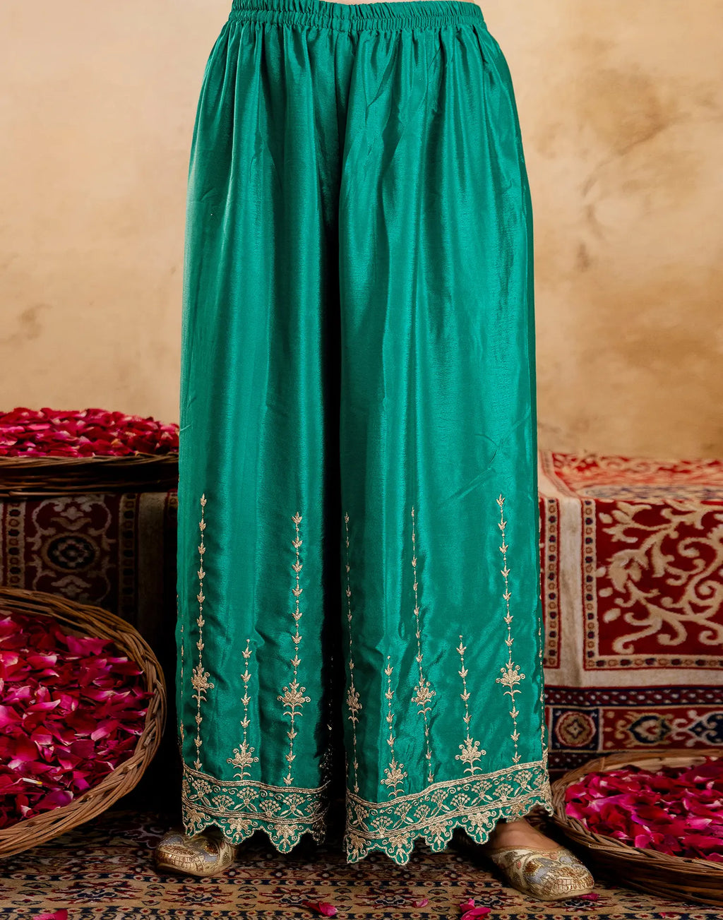 Persian Green Round Neck Embroidered Palazzo 3 Piece Kurta Set with Dupatta