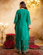 Persian Green Round Neck Embroidered Palazzo 3 Piece Kurta Set with Dupatta