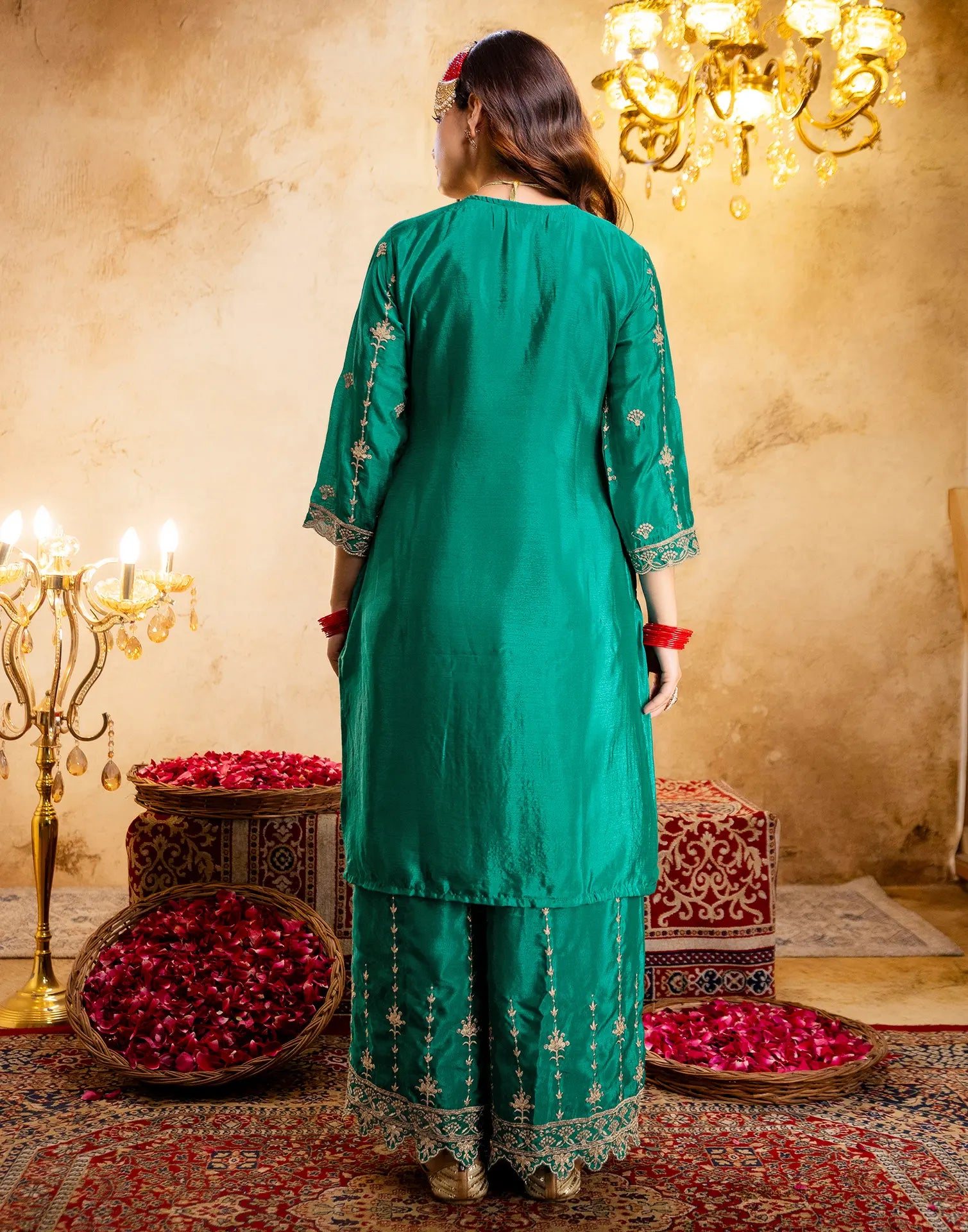 Persian Green Round Neck Embroidered Palazzo 3 Piece Kurta Set with Dupatta