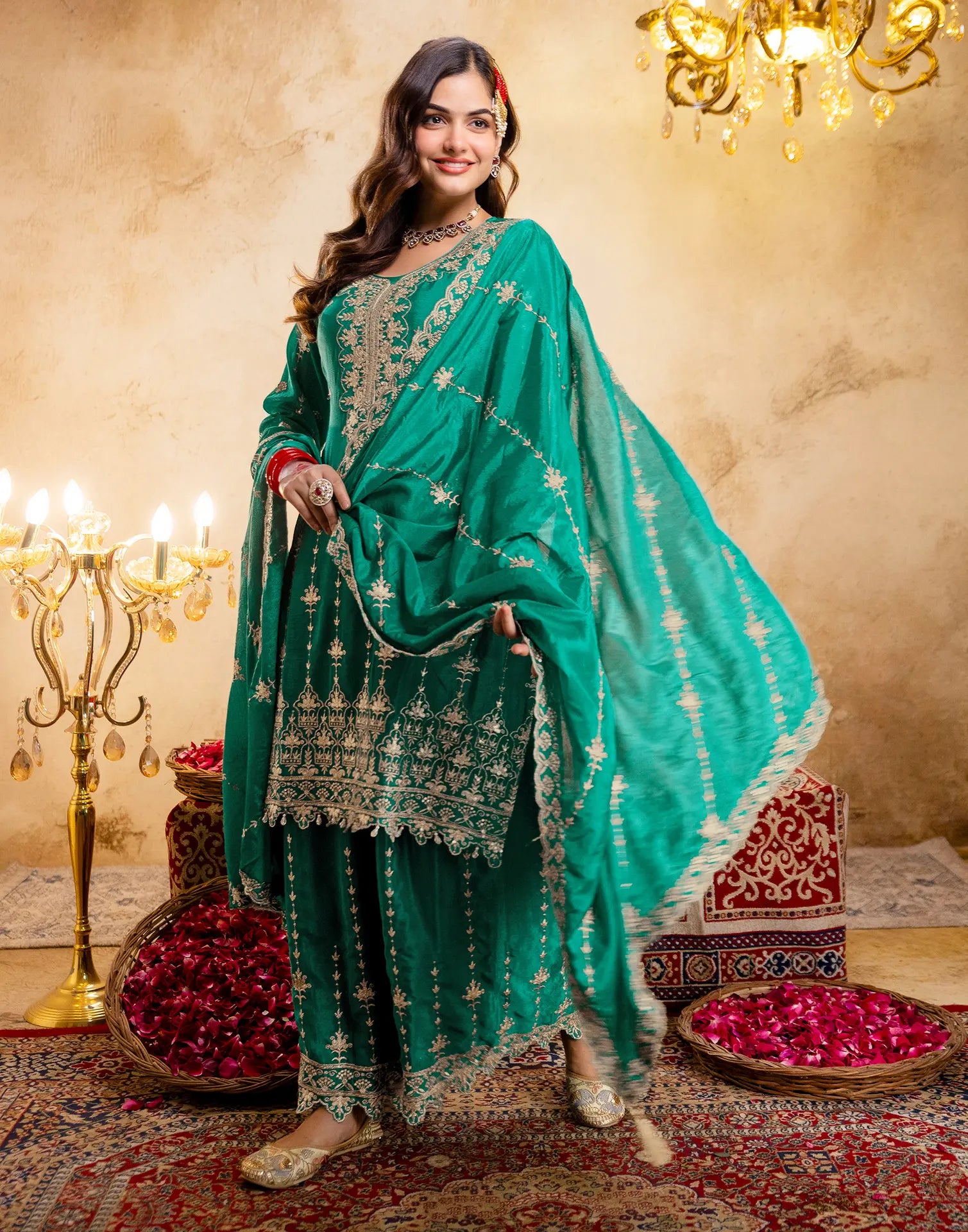 Persian Green Round Neck Embroidered Palazzo 3 Piece Kurta Set with Dupatta