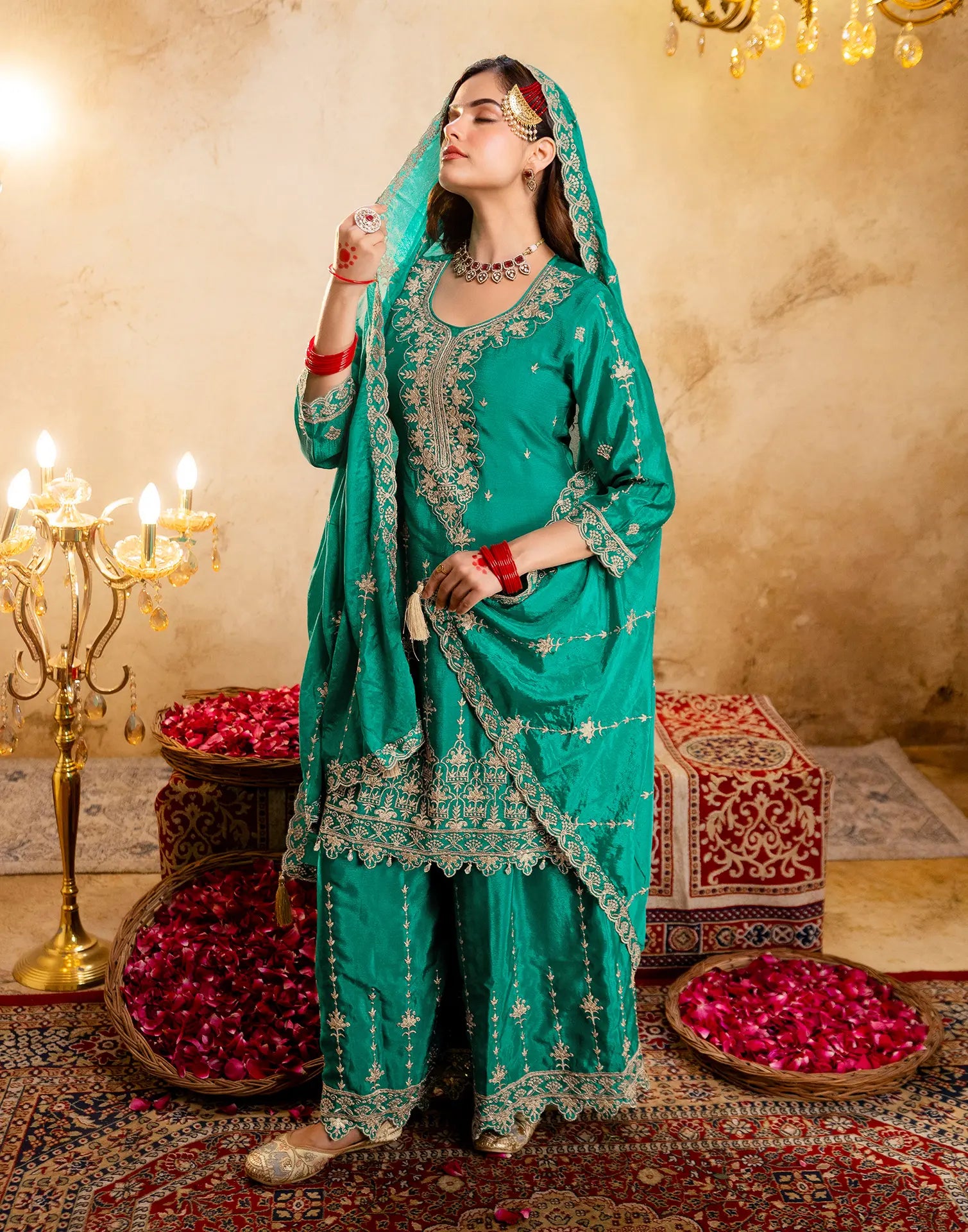 Persian Green Round Neck Embroidered Palazzo 3 Piece Kurta Set with Dupatta