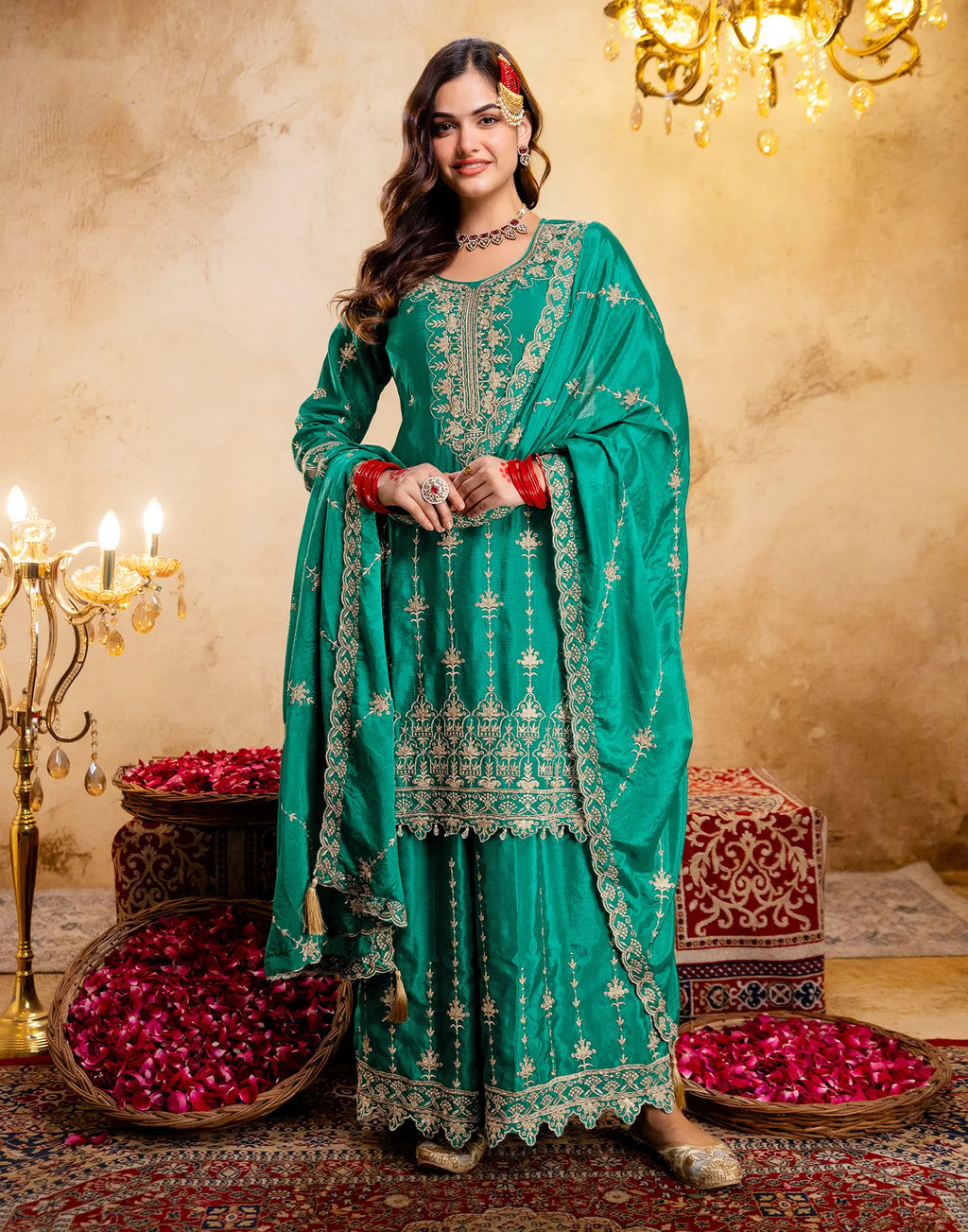 Persian Green Round Neck Embroidered Palazzo 3 Piece Kurta Set with Dupatta