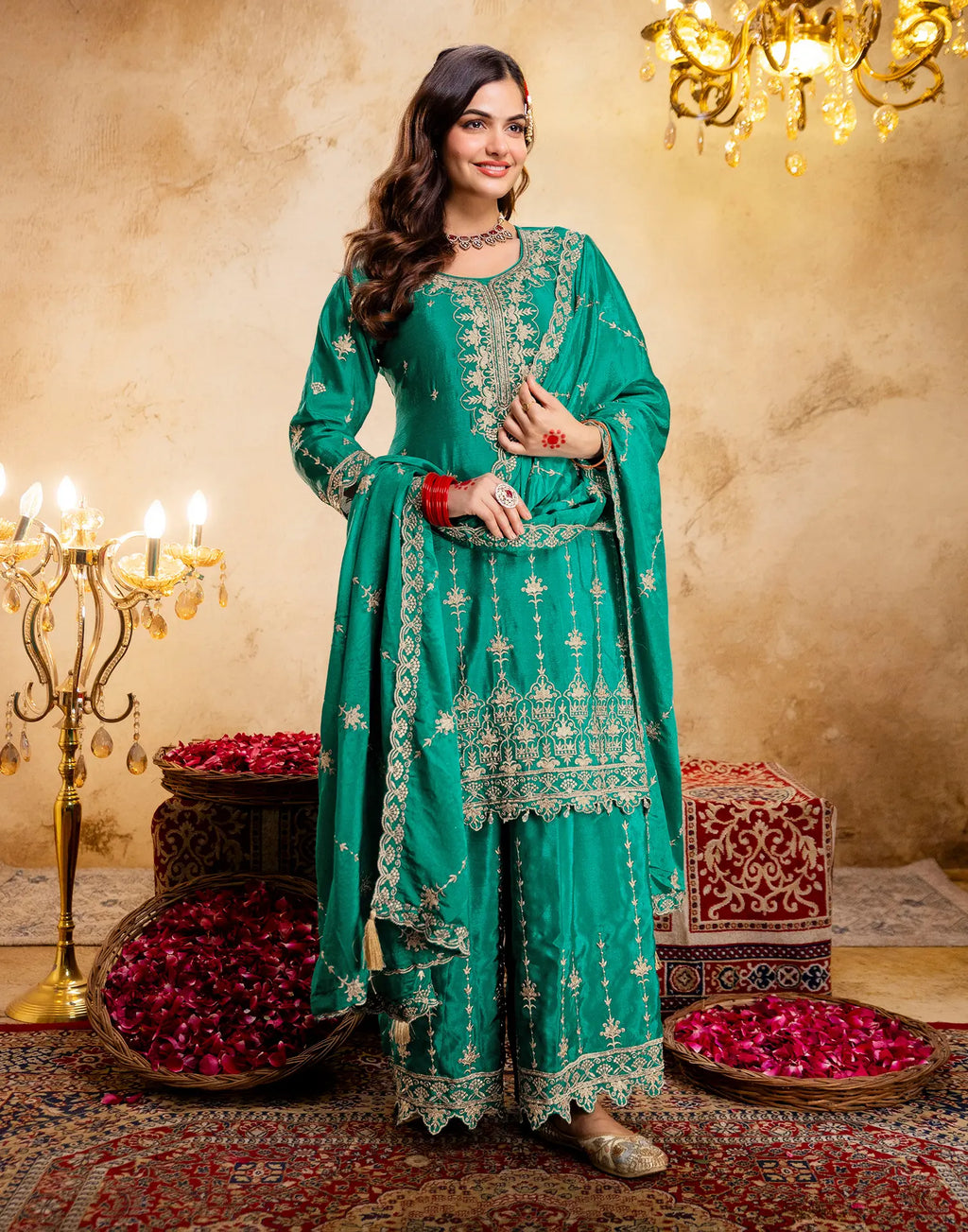 Persian Green Round Neck Embroidered Palazzo 3 Piece Kurta Set with Dupatta