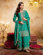 Persian Green Round Neck Embroidered Palazzo 3 Piece Kurta Set with Dupatta