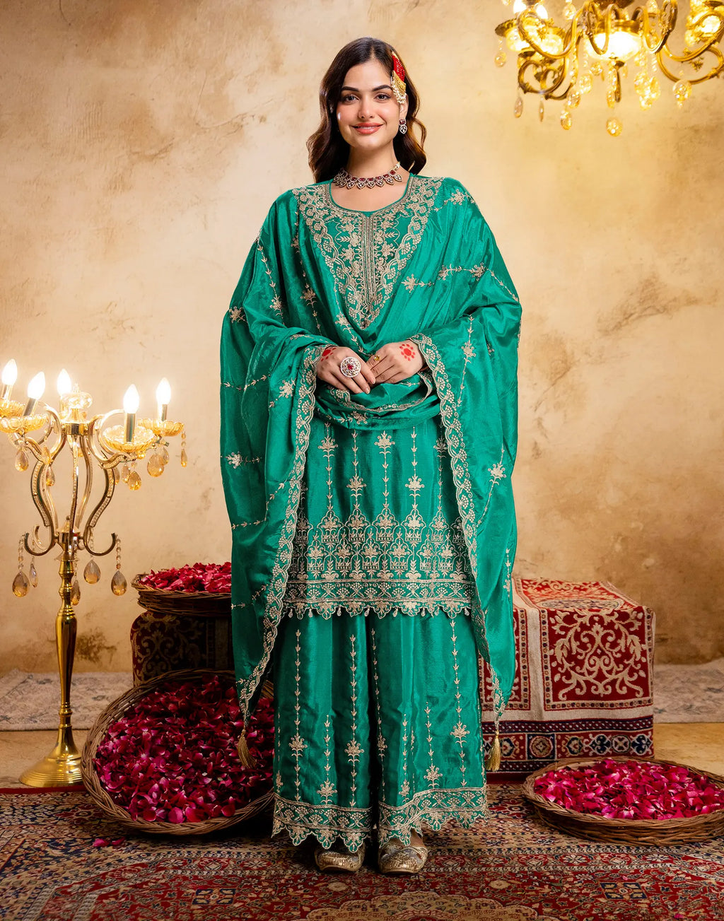 Persian Green Round Neck Embroidered Palazzo 3 Piece Kurta Set with Dupatta