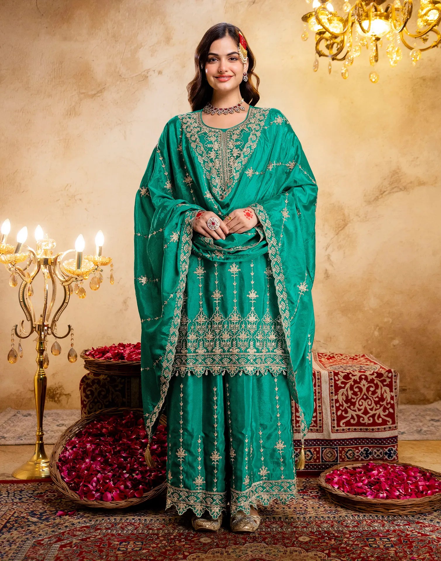 Persian Green Round Neck Embroidered Palazzo 3 Piece Kurta Set with Dupatta
