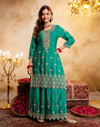 Persian Green Round Neck Embroidered Palazzo 3 Piece Kurta Set with Dupatta