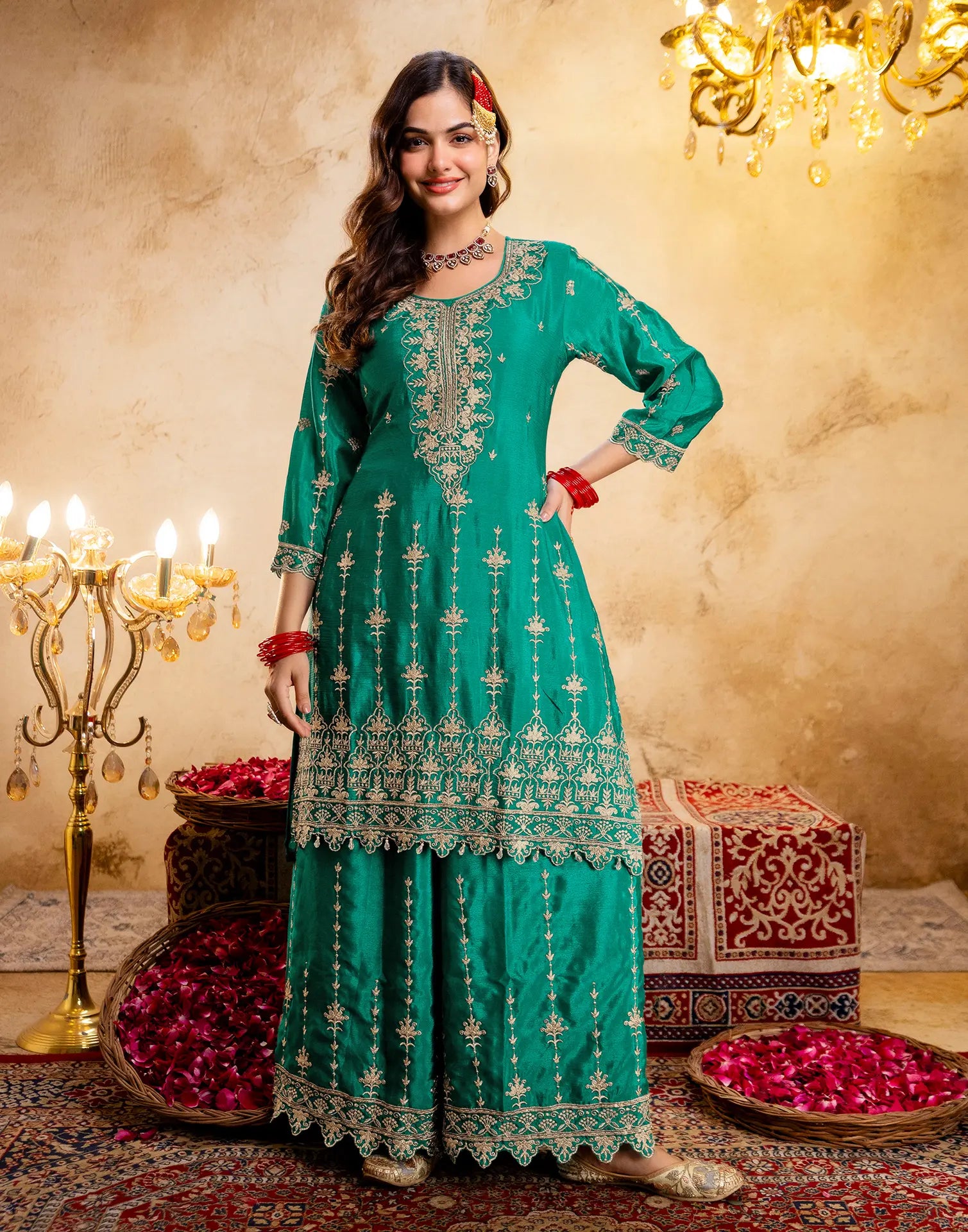 Persian Green Round Neck Embroidered Palazzo 3 Piece Kurta Set with Dupatta