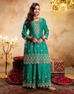 Persian Green Round Neck Embroidered Palazzo 3 Piece Kurta Set with Dupatta