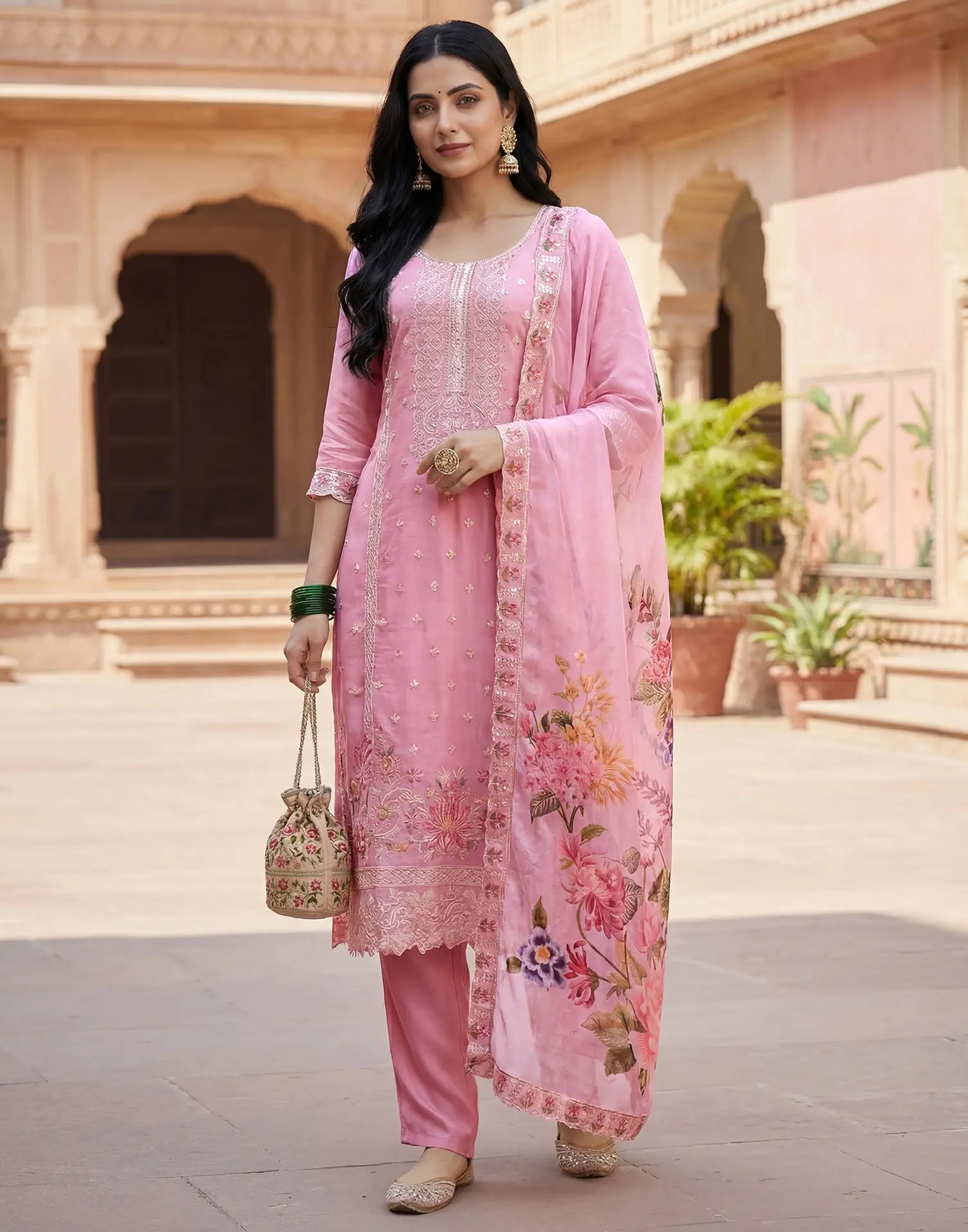 Bubblegum Pink Round Neck Embroidered Straight 3 Piece Kurta Set with Dupatta