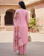 Bubblegum Pink Round Neck Embroidered Straight 3 Piece Kurta Set with Dupatta