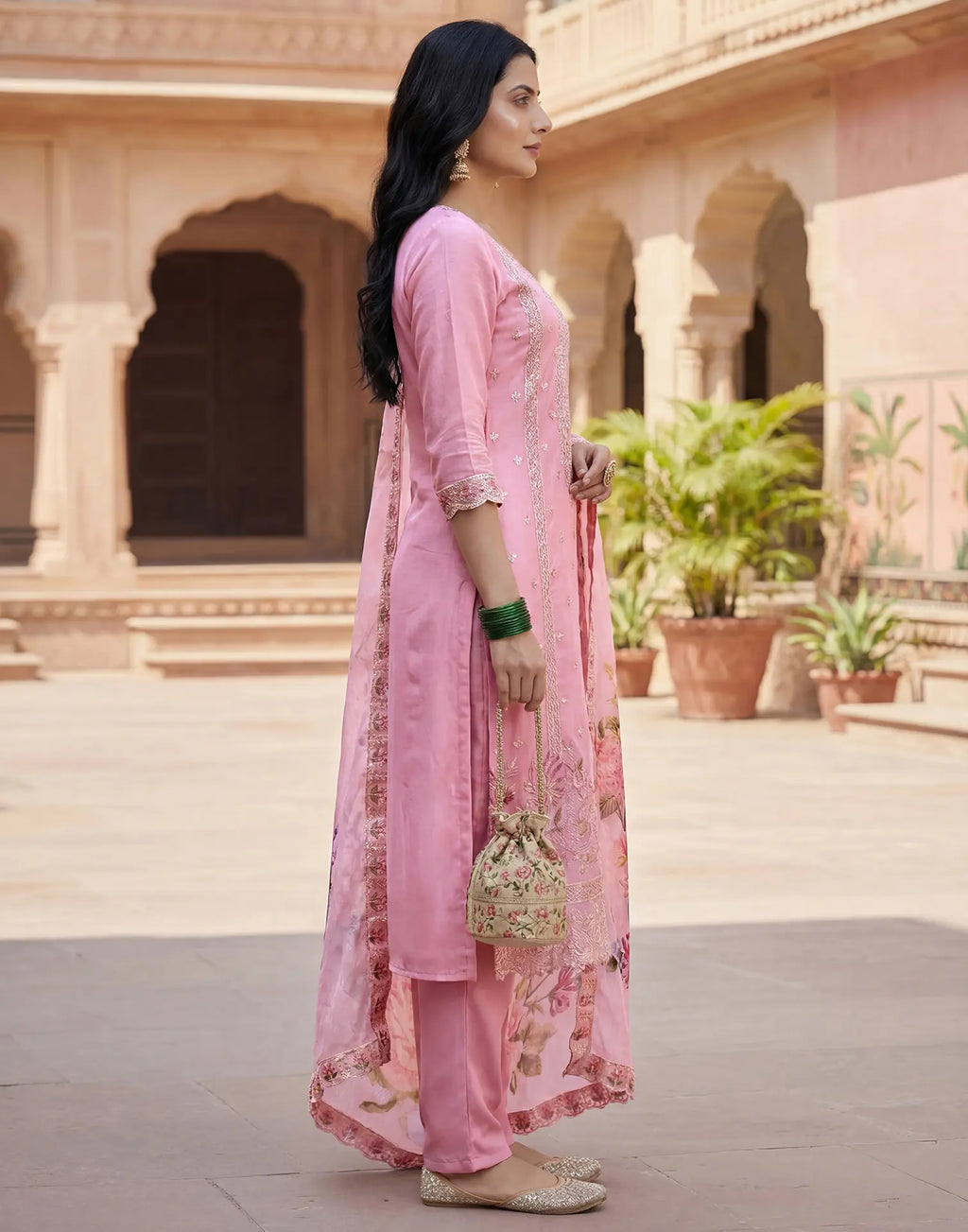 Bubblegum Pink Round Neck Embroidered Straight 3 Piece Kurta Set with Dupatta