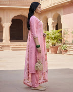 Bubblegum Pink Round Neck Embroidered Straight 3 Piece Kurta Set with Dupatta