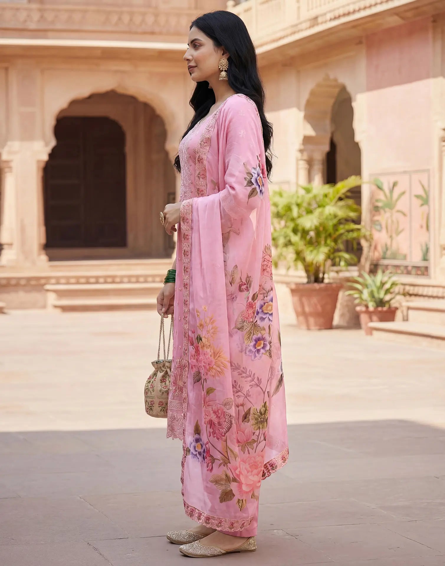 Bubblegum Pink Round Neck Embroidered Straight 3 Piece Kurta Set with Dupatta