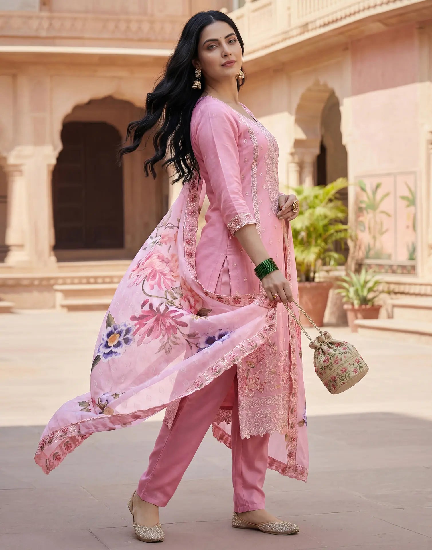 Bubblegum Pink Round Neck Embroidered Straight 3 Piece Kurta Set with Dupatta