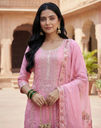 Bubblegum Pink Round Neck Embroidered Straight 3 Piece Kurta Set with Dupatta