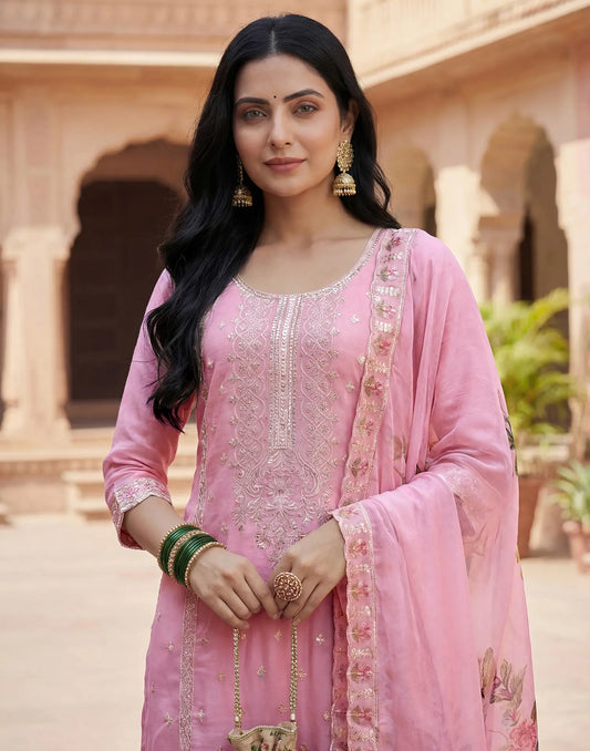 Bubblegum Pink Round Neck Embroidery Straight 3 Piece Kurta Set With Dupatta