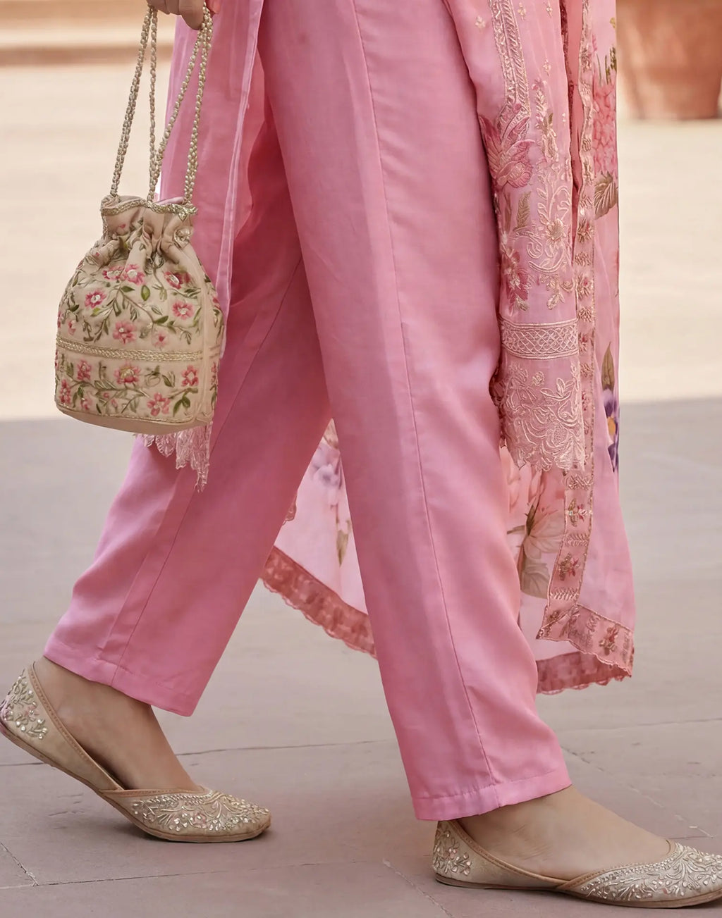 Bubblegum Pink Round Neck Embroidered Straight 3 Piece Kurta Set with Dupatta