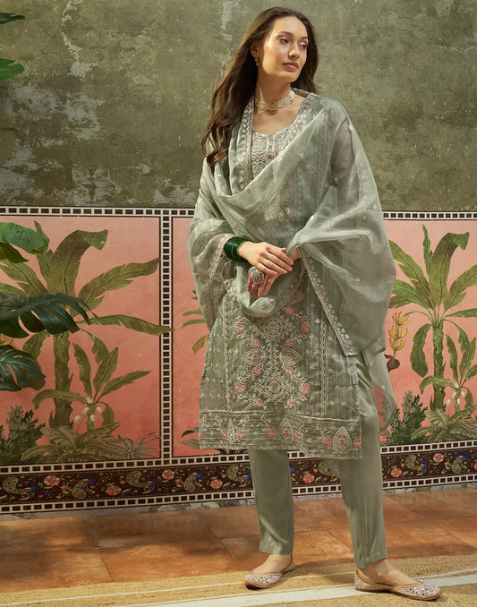 Laurel Green Round Neck Embroidery Straight 3 Piece Kurta Set With Dupatta