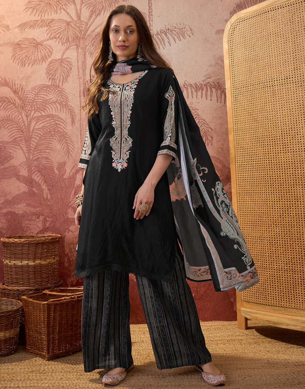 Black Round Neck Embroidered Digital Printed Straight 3 Piece Kurta Set with Dupatta