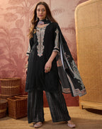 Black Round Neck Embroidered Digital Printed Straight 3 Piece Kurta Set with Dupatta