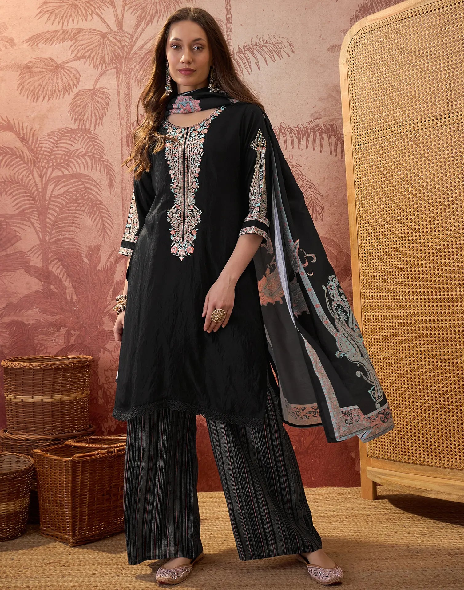 Black Round Neck Embroidered Digital Printed Straight 3 Piece Kurta Set with Dupatta