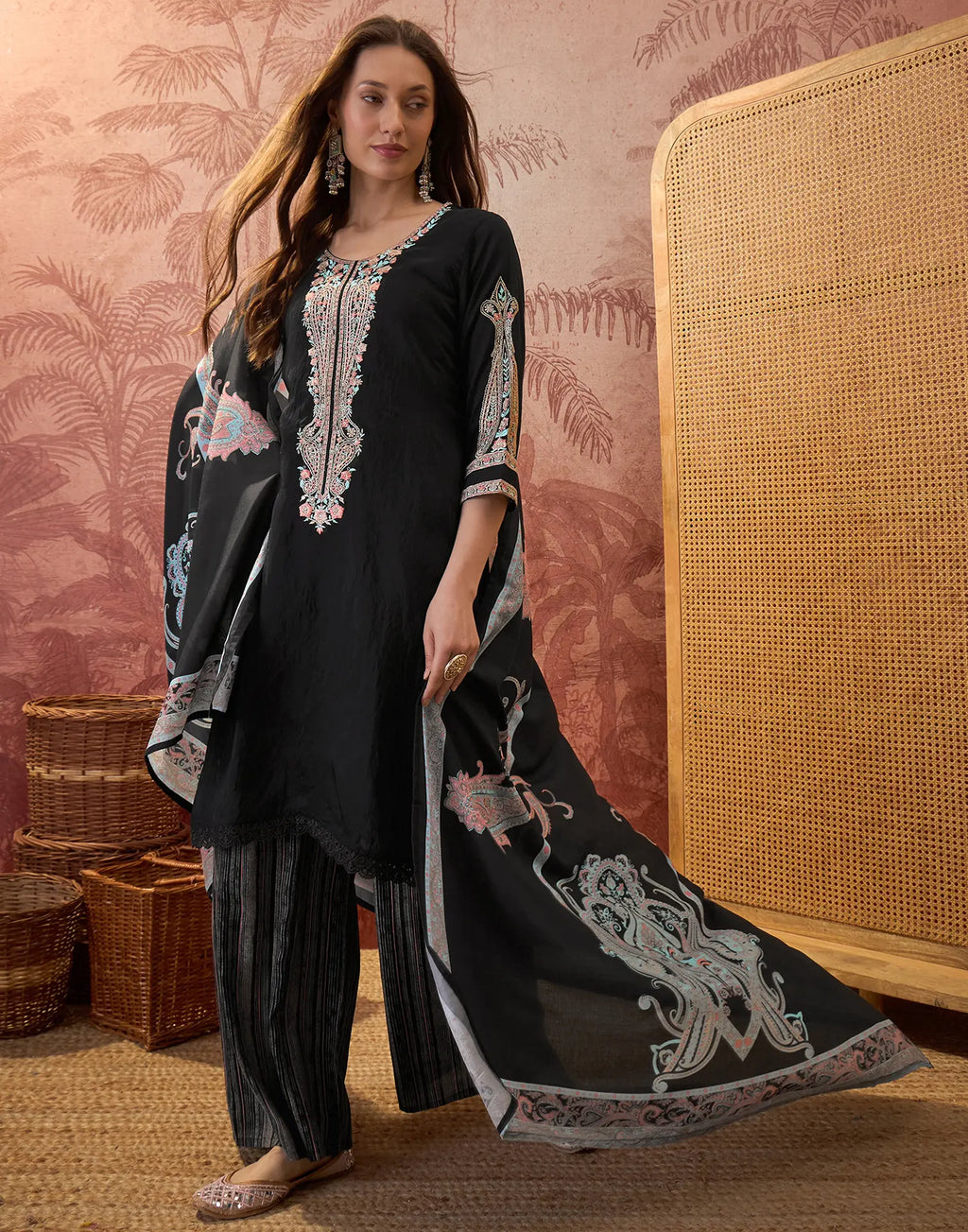 Black Round Neck Embroidered Digital Printed Straight 3 Piece Kurta Set with Dupatta
