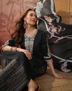 Black Round Neck Embroidered Digital Printed Straight 3 Piece Kurta Set with Dupatta