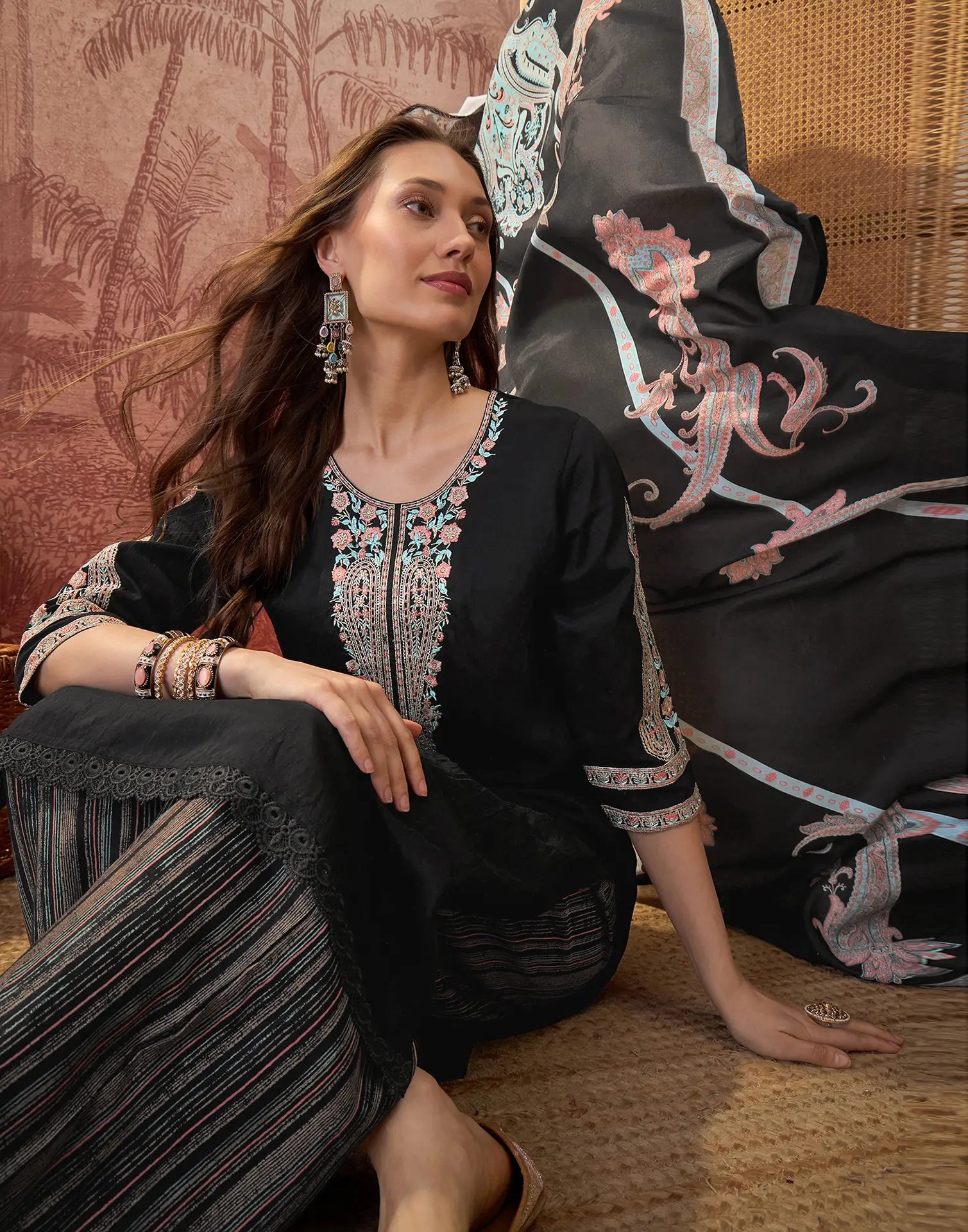 Black Round Neck Embroidered Digital Printed Straight 3 Piece Kurta Set with Dupatta