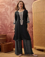 Black Round Neck Embroidered Digital Printed Straight 3 Piece Kurta Set with Dupatta