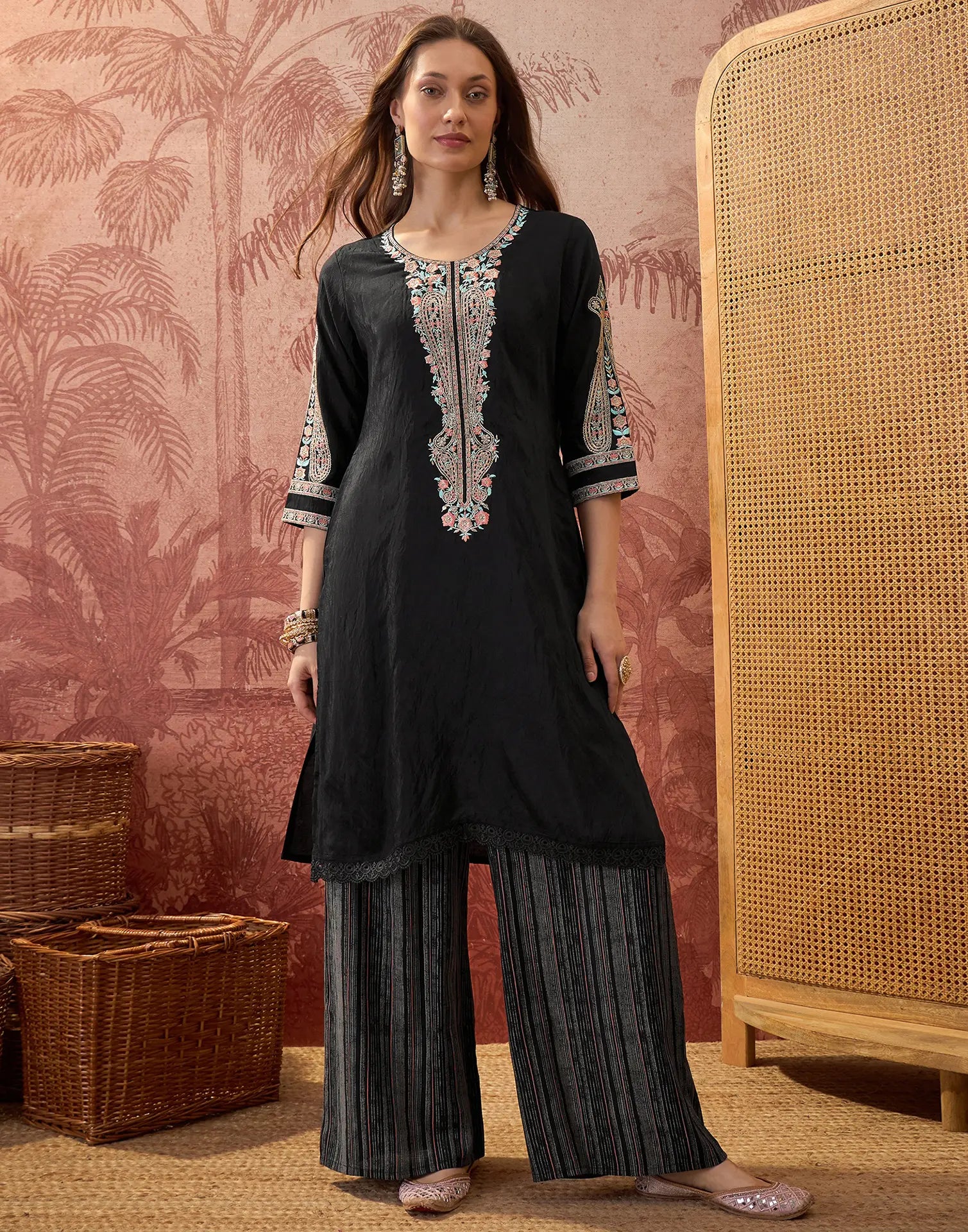 Black Round Neck Embroidered Digital Printed Straight 3 Piece Kurta Set with Dupatta