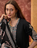 Black Round Neck Embroidered Digital Printed Straight 3 Piece Kurta Set with Dupatta