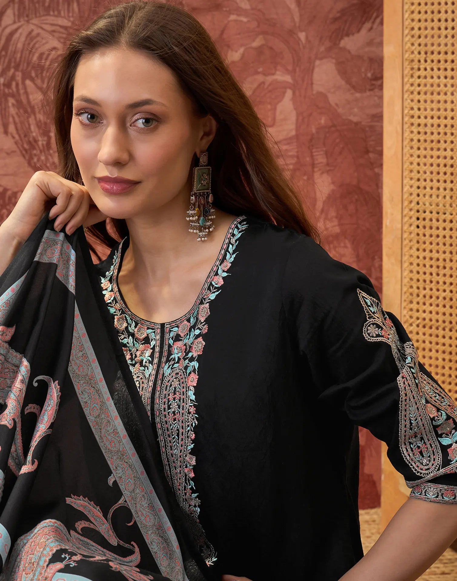 Black Round Neck Embroidered Digital Printed Straight 3 Piece Kurta Set with Dupatta