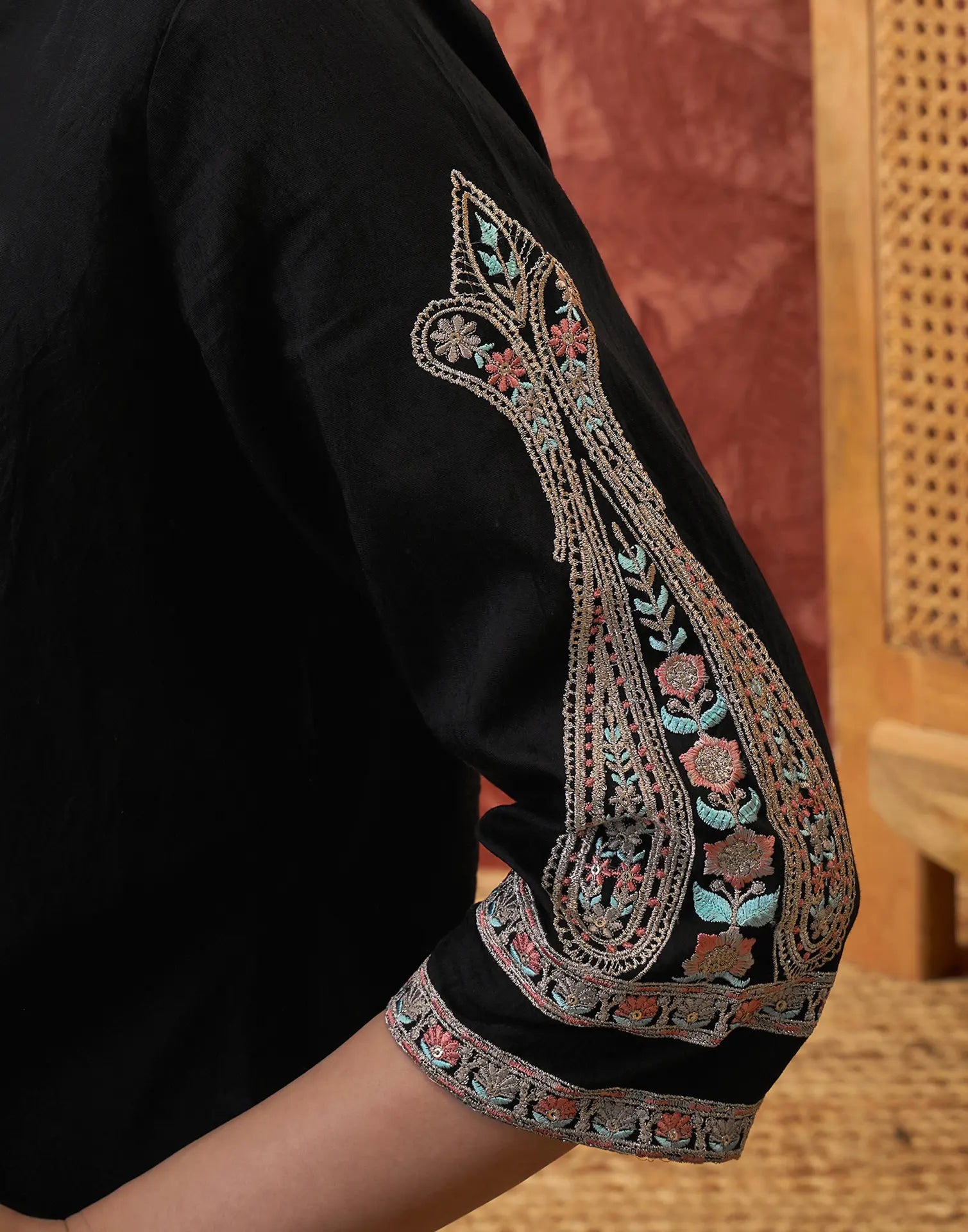 Black Round Neck Embroidered Digital Printed Straight 3 Piece Kurta Set with Dupatta