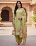 Tea Green Round Neck Embroidered Straight 3 Piece Kurta Set with Dupatta