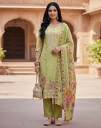 Tea Green Round Neck Embroidered Straight 3 Piece Kurta Set with Dupatta