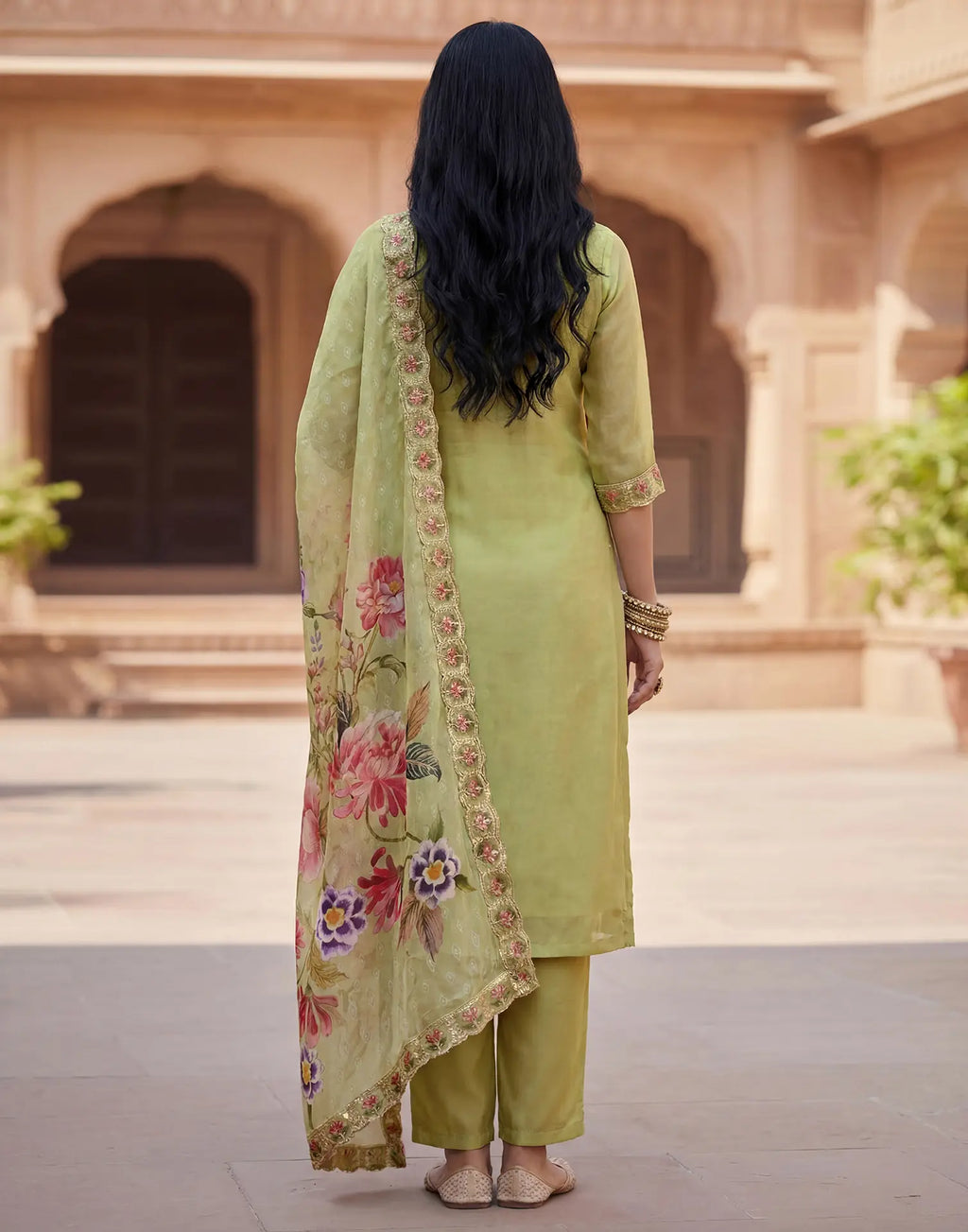 Tea Green Round Neck Embroidered Straight 3 Piece Kurta Set with Dupatta