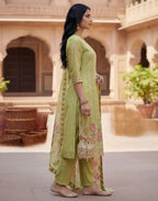 Tea Green Round Neck Embroidered Straight 3 Piece Kurta Set with Dupatta