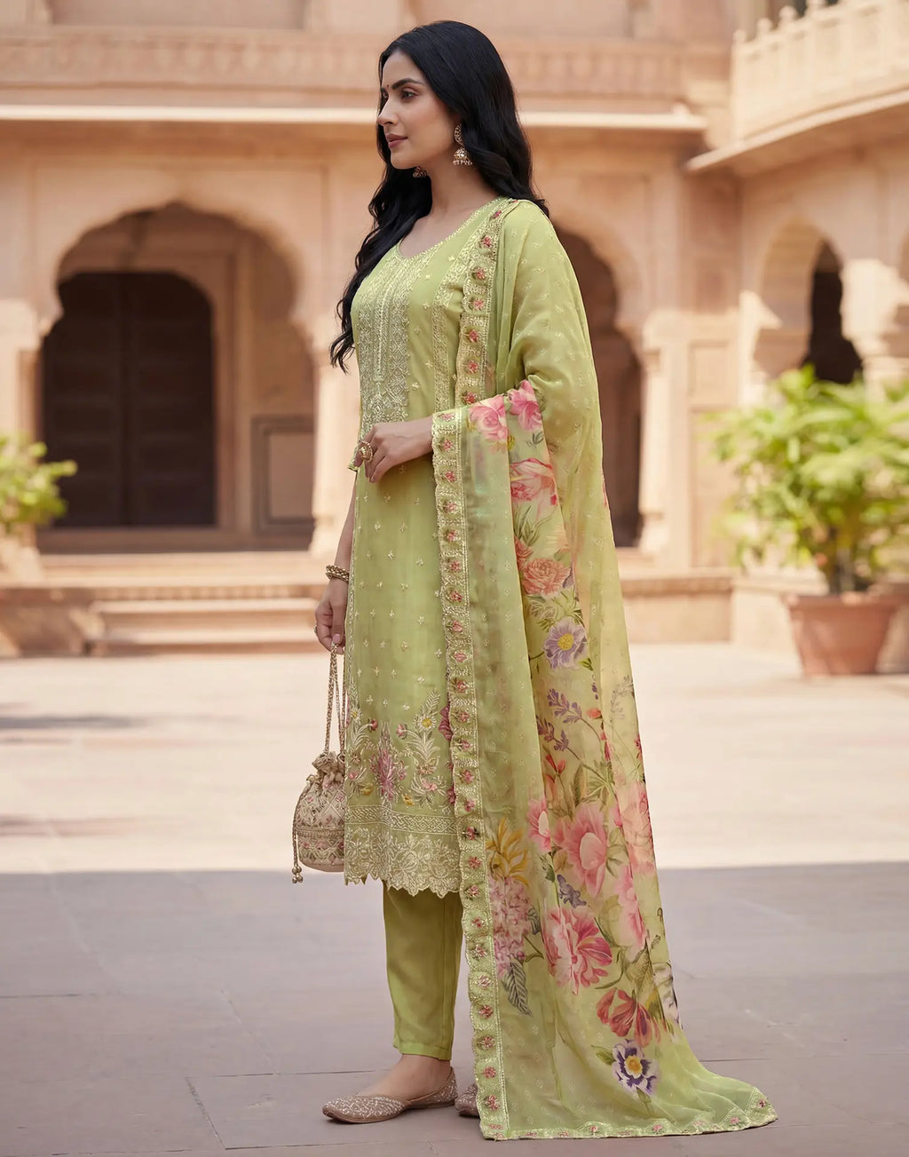 Tea Green Round Neck Embroidered Straight 3 Piece Kurta Set with Dupatta