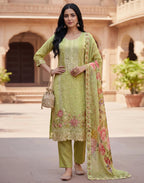 Tea Green Round Neck Embroidered Straight 3 Piece Kurta Set with Dupatta